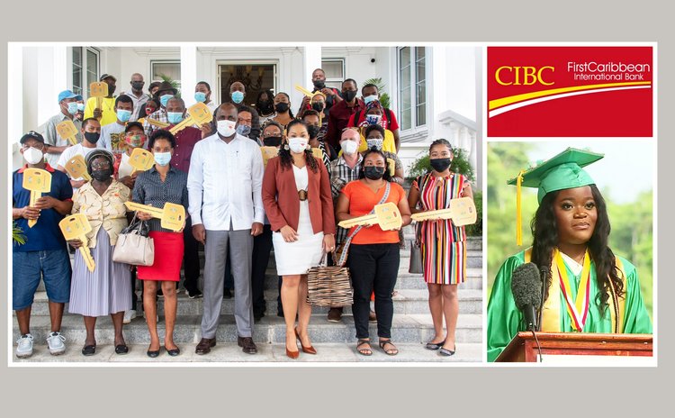 Left to right: Prime Minister Skerrit and Mrs Skerrit and Home recipients ; CIBC logo and DSC top student S. Gordon