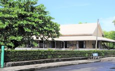 Roseau Library with large Semaan tree in the foreground in the foreground