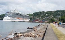 Royal Princess docks at Woodbridge Bay in Fond Cole, Tropical Storm Erika debris on beach