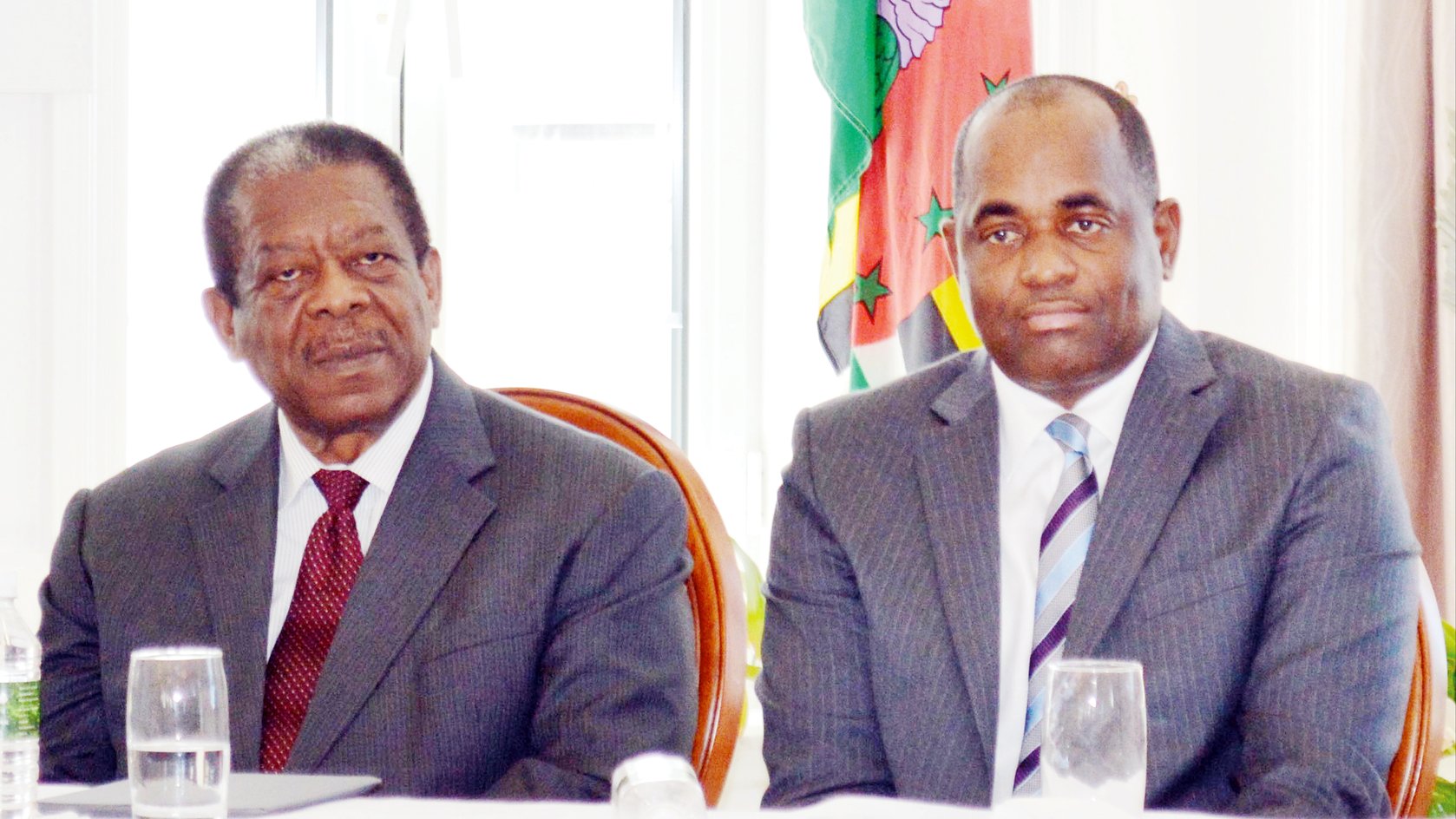 FILE PHOTO: Sir Dennis Byron and Prime Minister Roosevelt Skerrit at a CCJ function in 2015 FILE PHOTO: Sir Dennis Byron and Prime Minister Roosevelt Skerrit at a CCJ function in 2015
