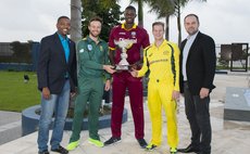 WICB President Whycliffe "Dave" Cameron, South Africa captain AB de Villiers, West Indies captain Jason Holder, Australia captain Steve Smith, and Ballr founder and CEO Sam Jones with the Ballr Cup