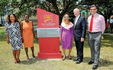 Officials of UWI and FirstCaribbean Bank unveil plaque at Cave Hill, UWI
