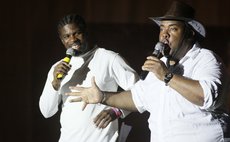 Val "Young Bull" Cuffy, right,and Alex Bruno as MC'S at the 2013 Calypso Finals