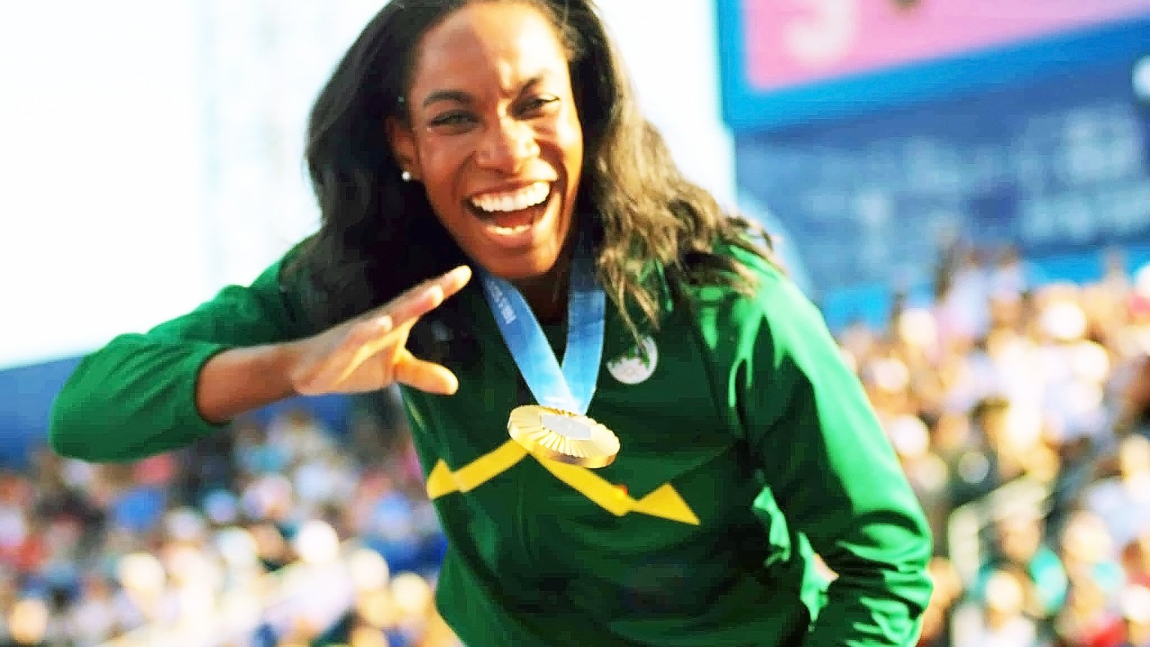 Thea after the golden triple jump at the Paris Games