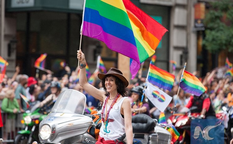 A parader waves a rainbow flag during the annual LGBT Pride Parade in New York, June 28, 2015 (Xinhua/Li Muzi)