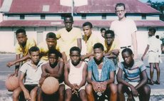 Young basketballers at S.M.A. cerc. 50 years ago, with Bro. W.A. Stevens, coach of Dominica's 1st State Basketball Team